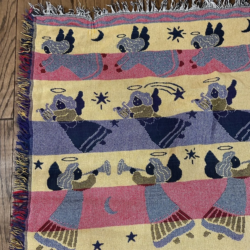 Vintage Angel Tapestry Throw Blanket Christmas Woven Fringe Nativity 44x55”